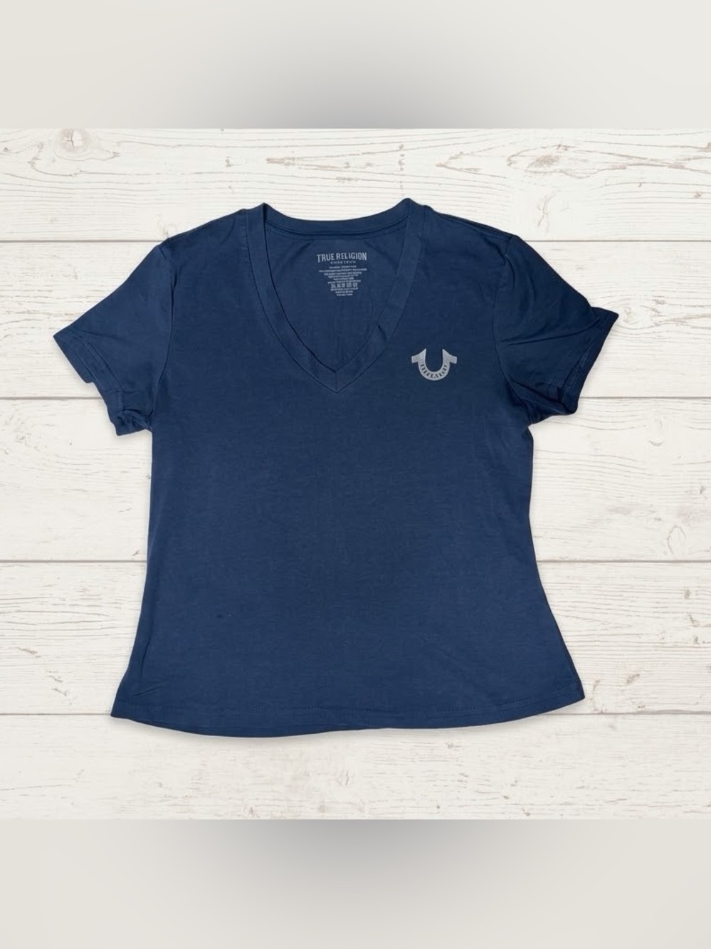 True Religion Navy Buddha Guitar Graphic T Shirt Womens Size M NWOT Short Sleeve